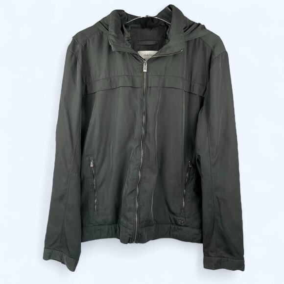 Calvin Klein Men's Large Jacket Hidden Hood Black Zip Front Midweight Softshell - Picture 1 of 14